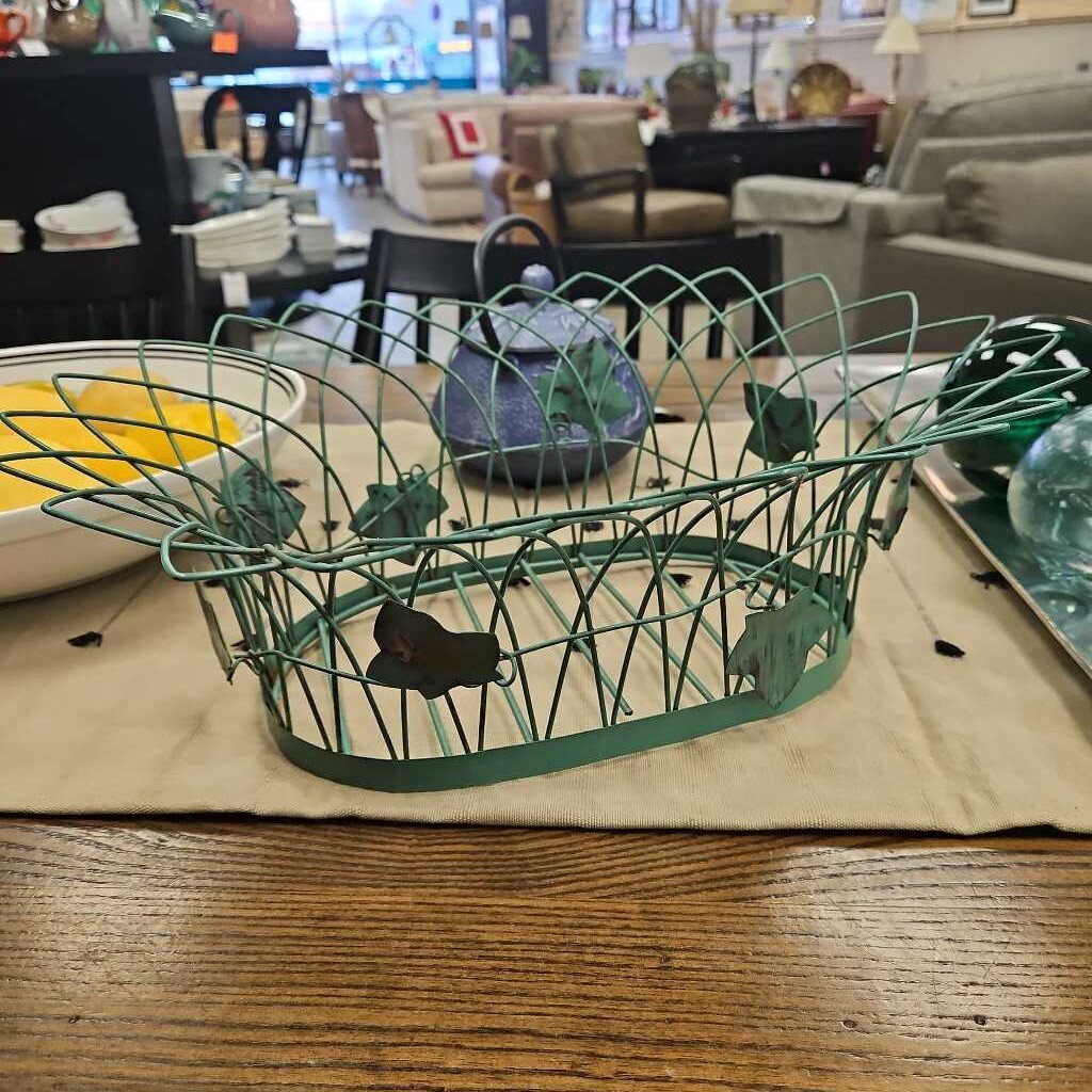 Distressed Green Wire Basket with Leaf Accents