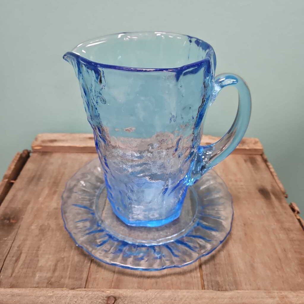 Vintage Blue Bischoff Textured Glass Pitcher & Plate Set