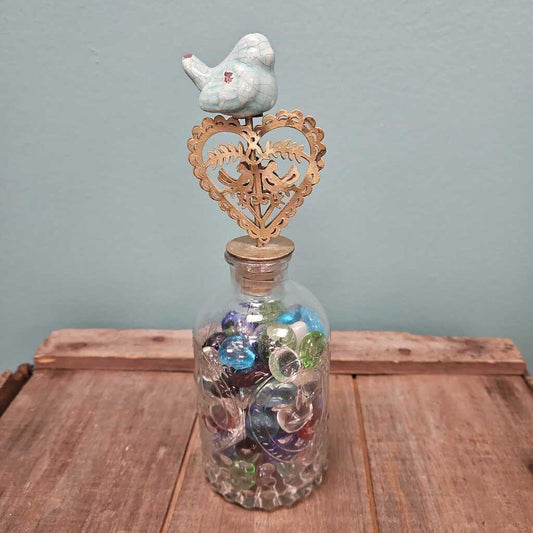 Embossed Glass Bottle with Gems and Ceramic Bird Stopper