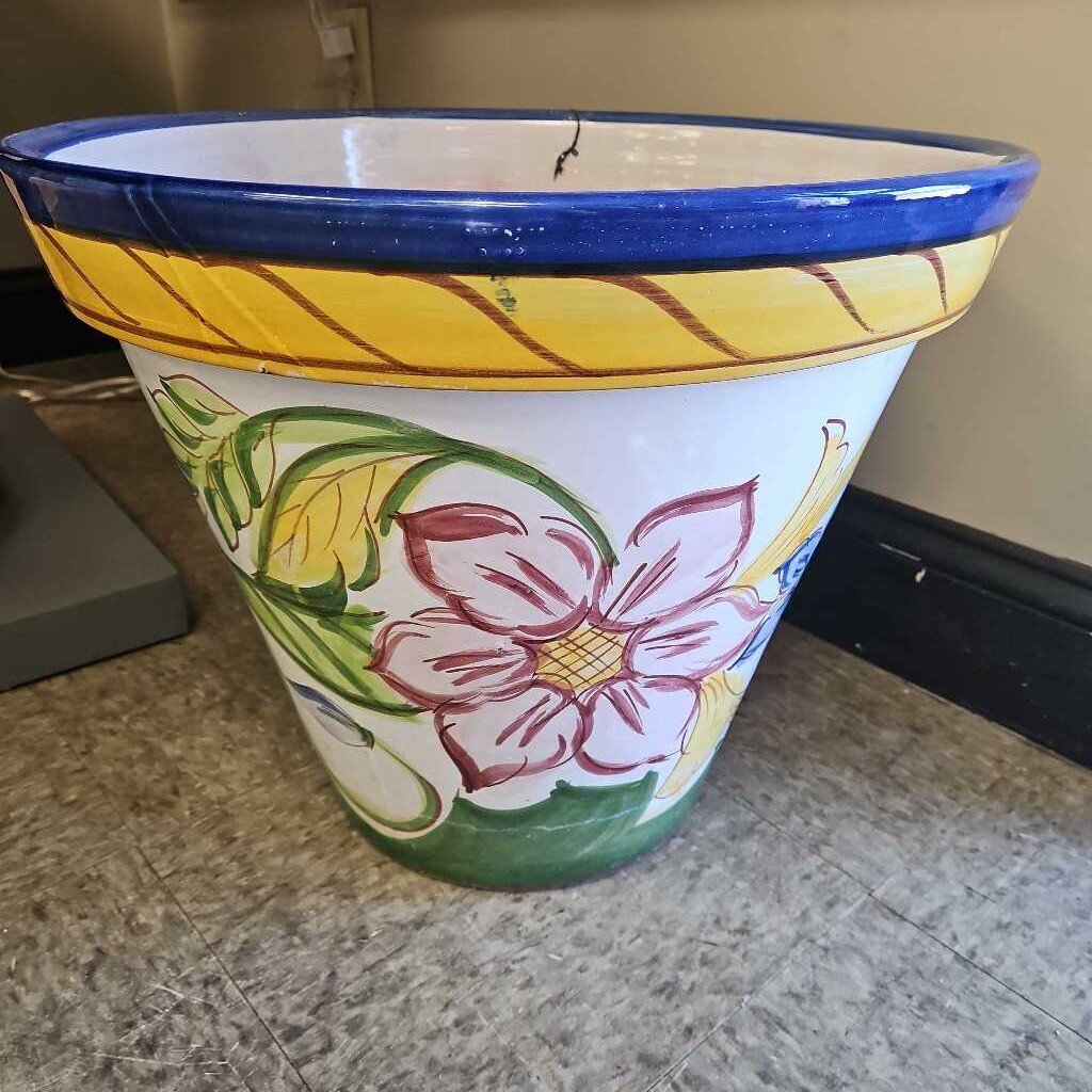 Hand Painted Pottery Planter with Floral Design