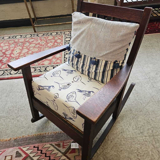 Mission Style Oak Slatted Rocker with Custom Bird Motif Cushions