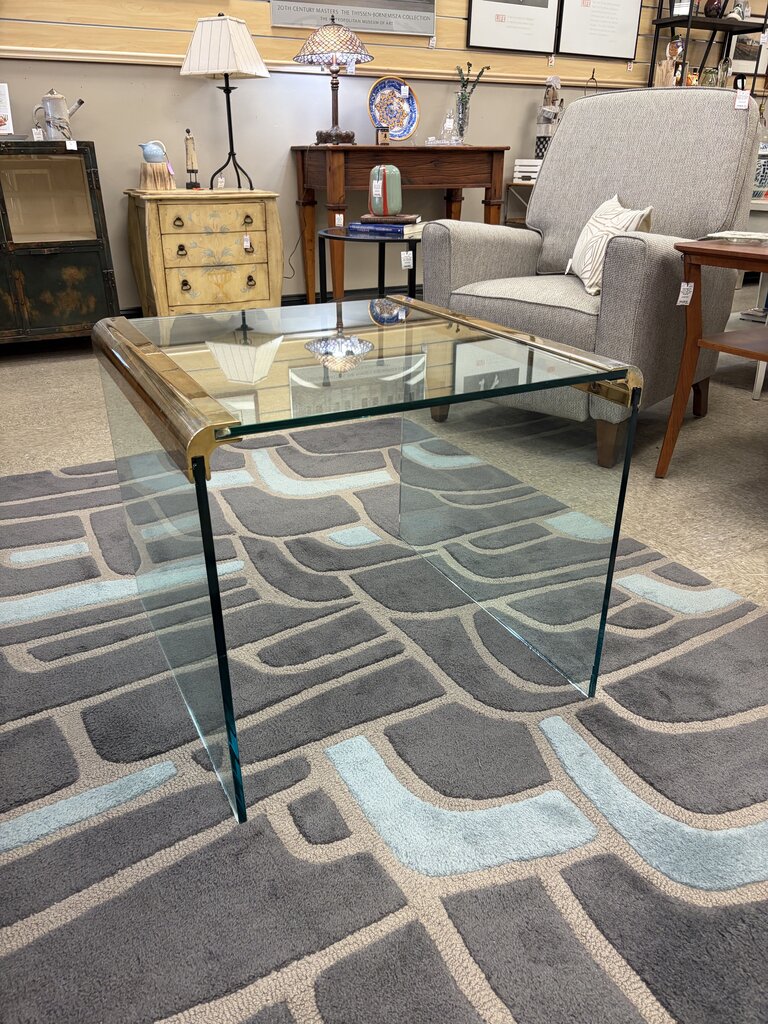 Mid-Century Modern Waterfall Glass Coffee Table with Brass Accents