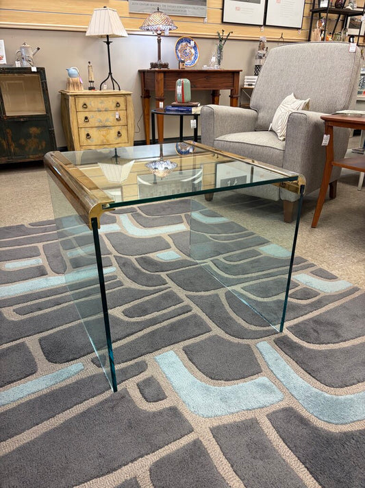 Mid-Century Modern Waterfall Glass Coffee Table with Brass Accents