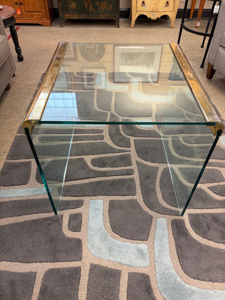 Mid-Century Modern Waterfall Glass Coffee Table with Brass Accents