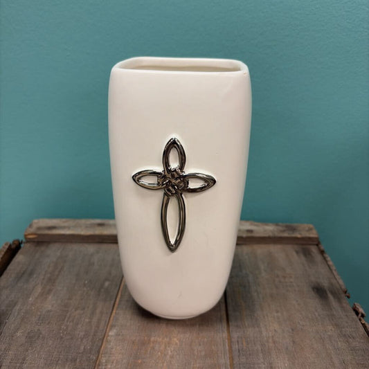 White Ceramic Vase with Silver Cross