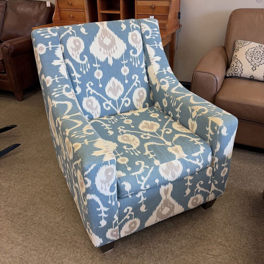 Blue and White Upholstered Accent Chair, Ikat Pattern