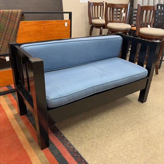 Mission Style Settee/Bench with Blue Cushions