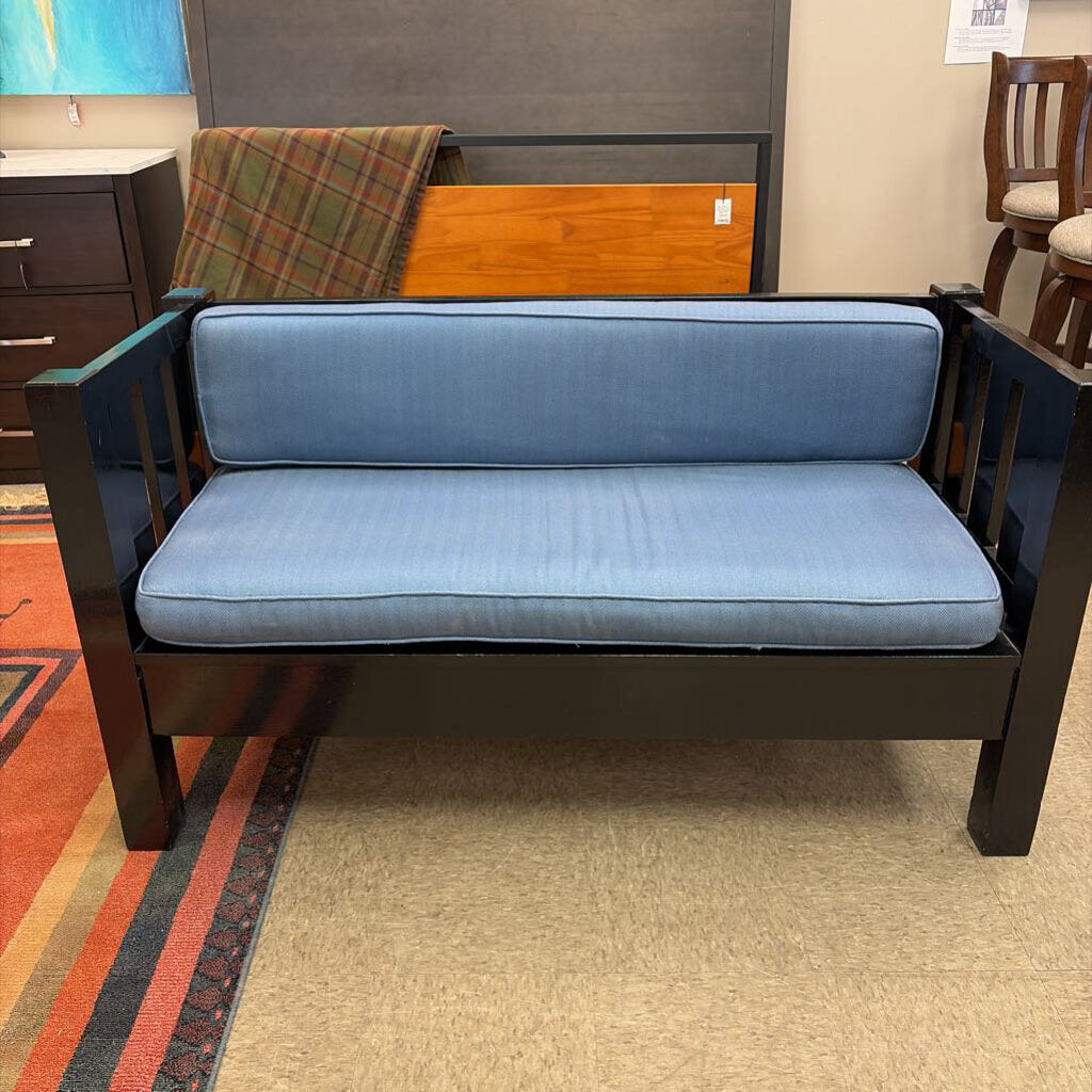 Mission Style Settee/Bench with Blue Cushions