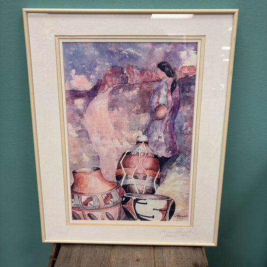 Framed Watercolor Painting of Woman with Pots