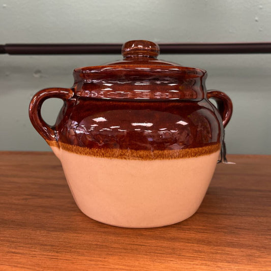 Vintage Two-Toned Glazed Stoneware Bean Pot w/Lid