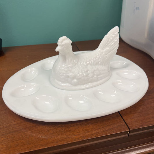 Vintage L.E. Smith Milk Glass Nesting Hen Egg Serving Plate - NEW