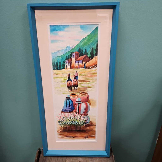 Original Watercolor by Jose Cosco - Village with Llamas
