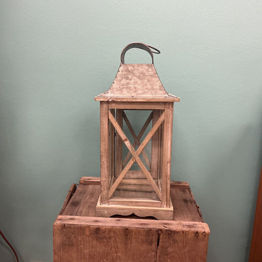 Rustic Wood and Metal Candle Lantern with Glass Panels
