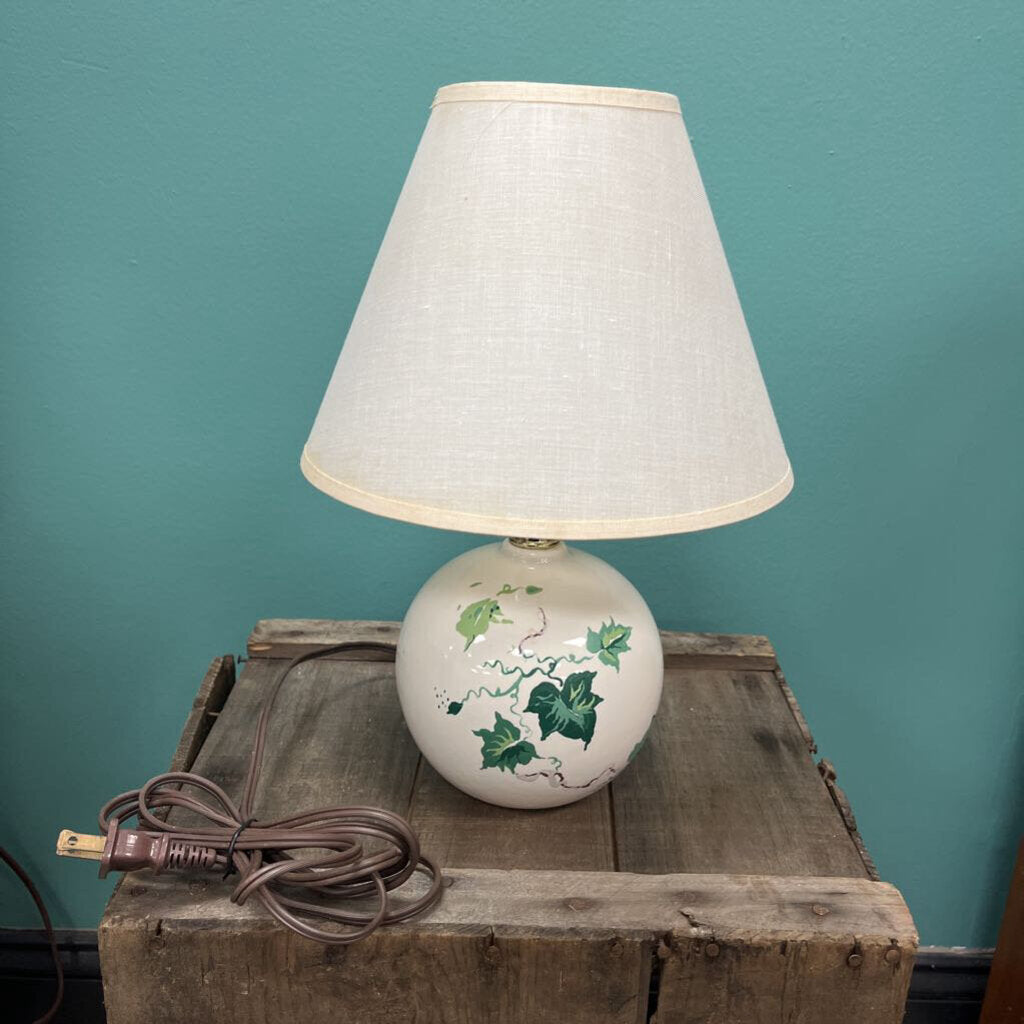 Round Ceramic Lamp with Leaf Design and Linen Shade