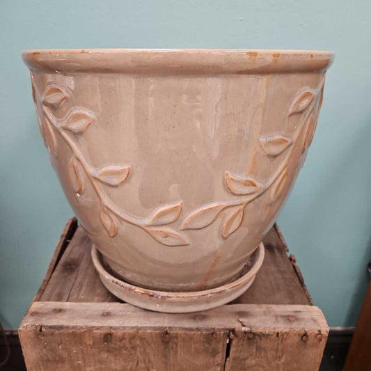 Large Glazed Ceramic Planter with Vine Design