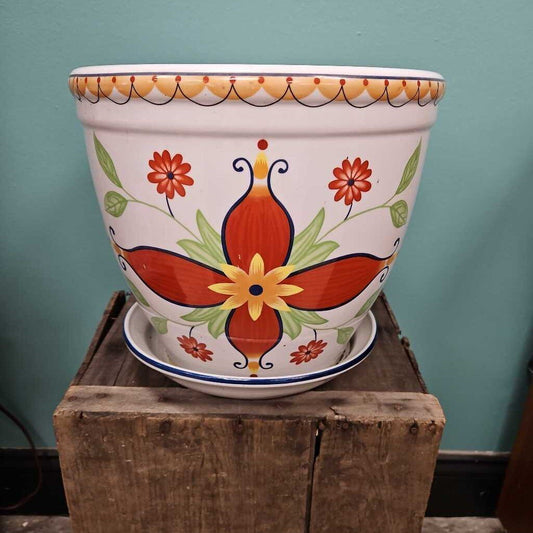 Hand Painted Glazed Ceramic Plant Pot with Floral Design