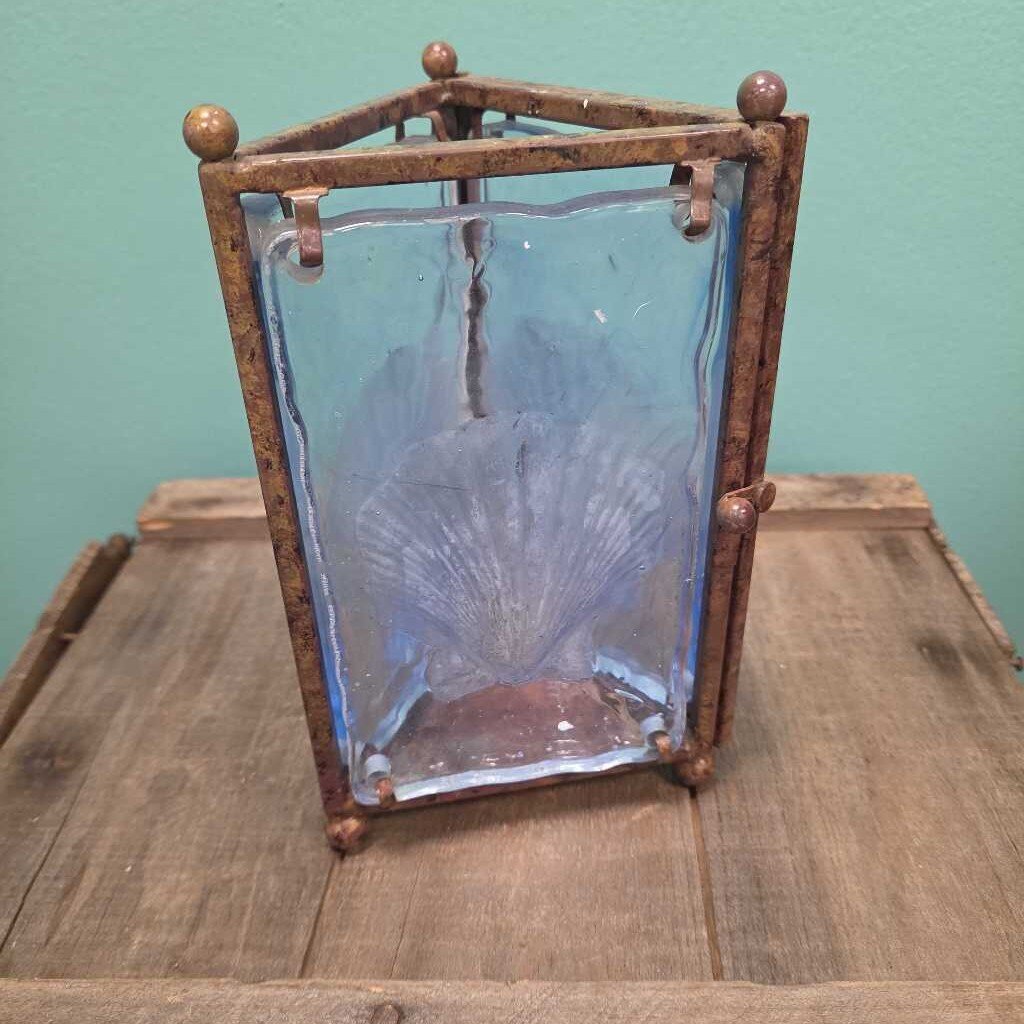Blue Glass Seashell Candle Holder with Metal Frame