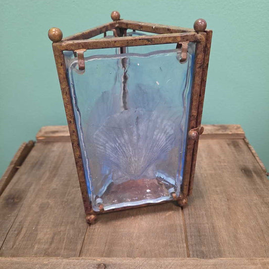 Blue Glass Seashell Candle Holder with Metal Frame