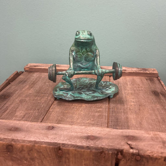 Verdigris Wrought Iron Frog Weightlifting Firgurine