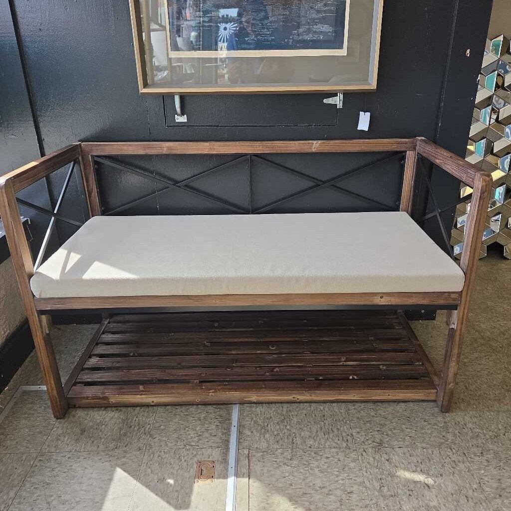 Meredith Fir Wood Metal Bench with Oatmeal Linen Cushion