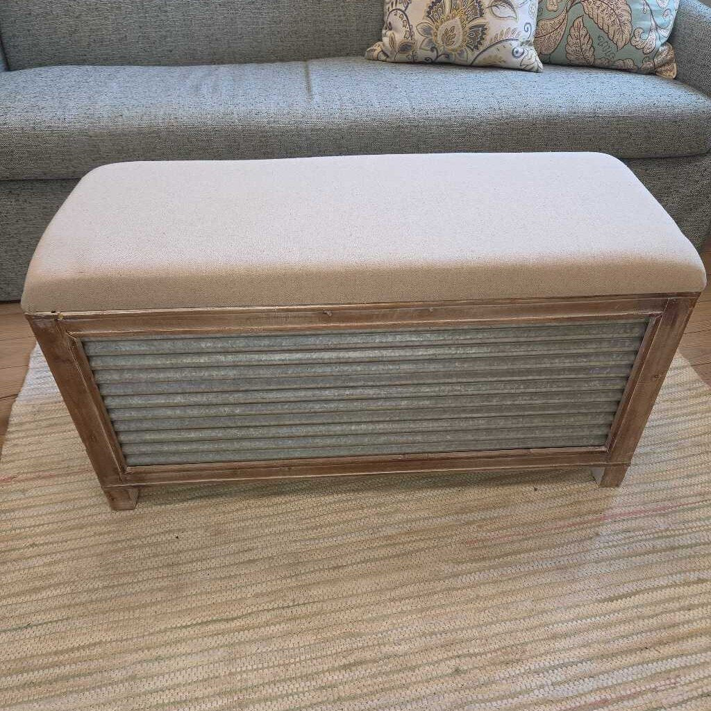 Corrugated Metal & Wood Storage Bench with Linen Cushioned Top (3pc Set)