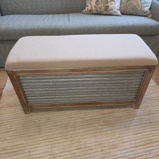 Corrugated Metal & Wood Storage Bench with Linen Cushioned Top (3pc Set)
