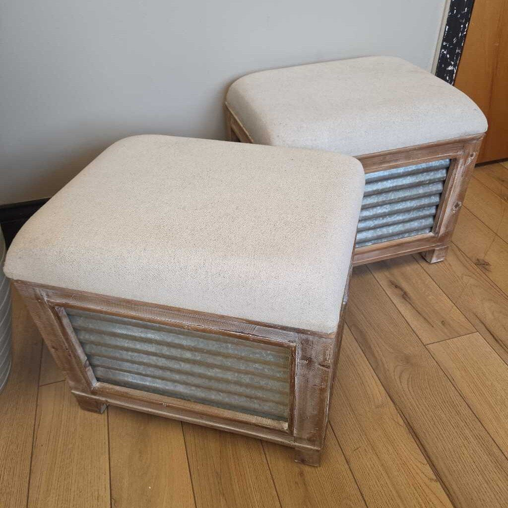 Corrugated Metal & Wood Storage Bench with Linen Cushioned Top (3pc Set)