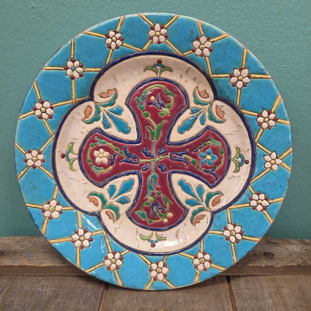 Vintage Spanish Artecer Ceramic Wall Plate w/Floral and Cross Motif