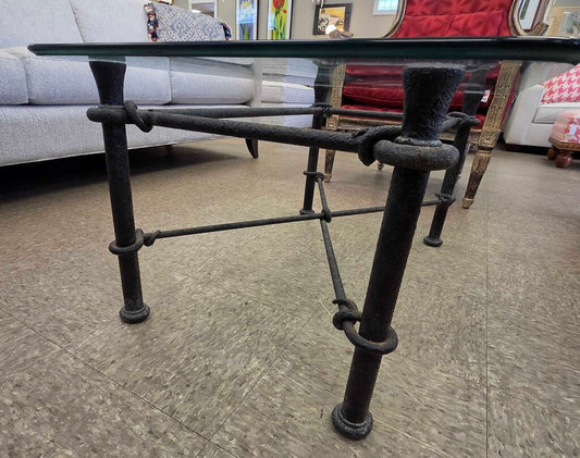 Vintage Diego Giacometti Style Wrought Iron Glass Top Coffee Table