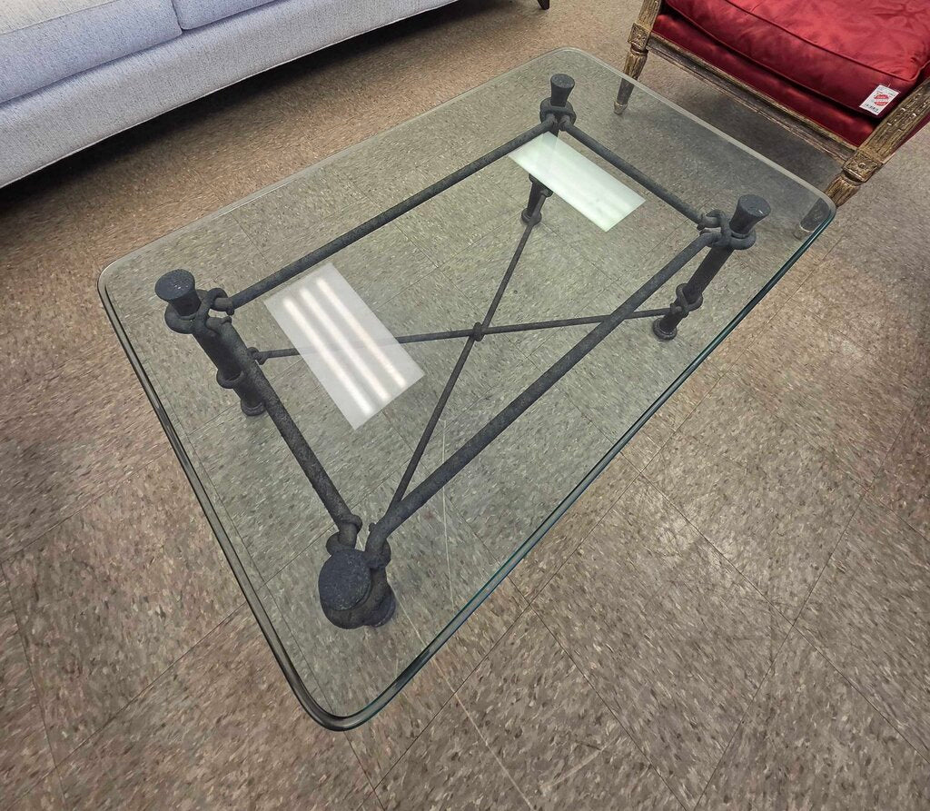 Vintage Diego Giacometti Style Wrought Iron Glass Top Coffee Table