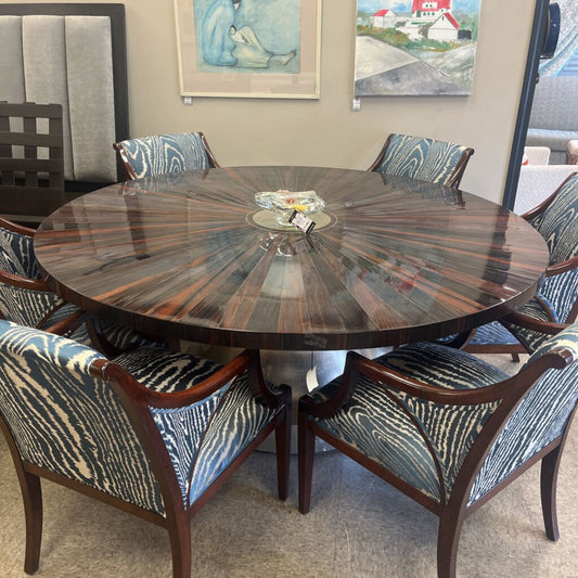 Macassar Ebony Wood Table with Sunburst Veneer & Lacquer Finish + 8 Silk Upholstered