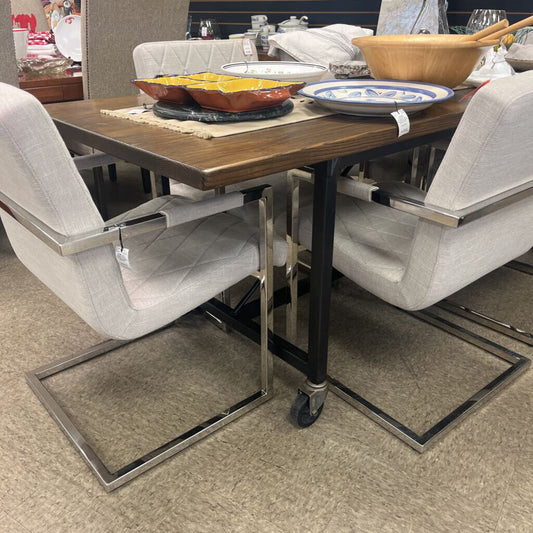 Rustic Wood Dining Table with Metal Frame and Locking Wheels