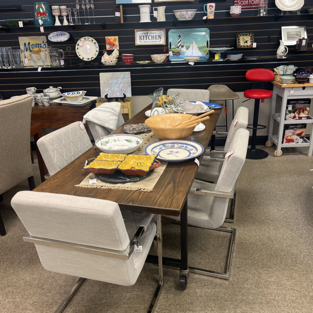 Rustic Wood Dining Table with Metal Frame and Locking Wheels
