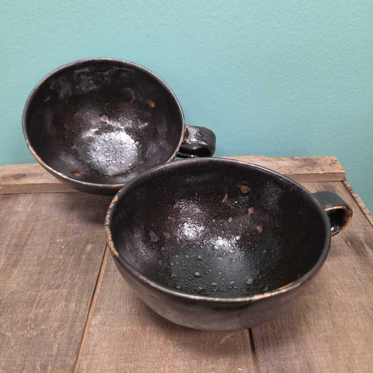 CB2 Japanese Ceramic Black Raku-Style Tea Bowl with Handle - Set of 2