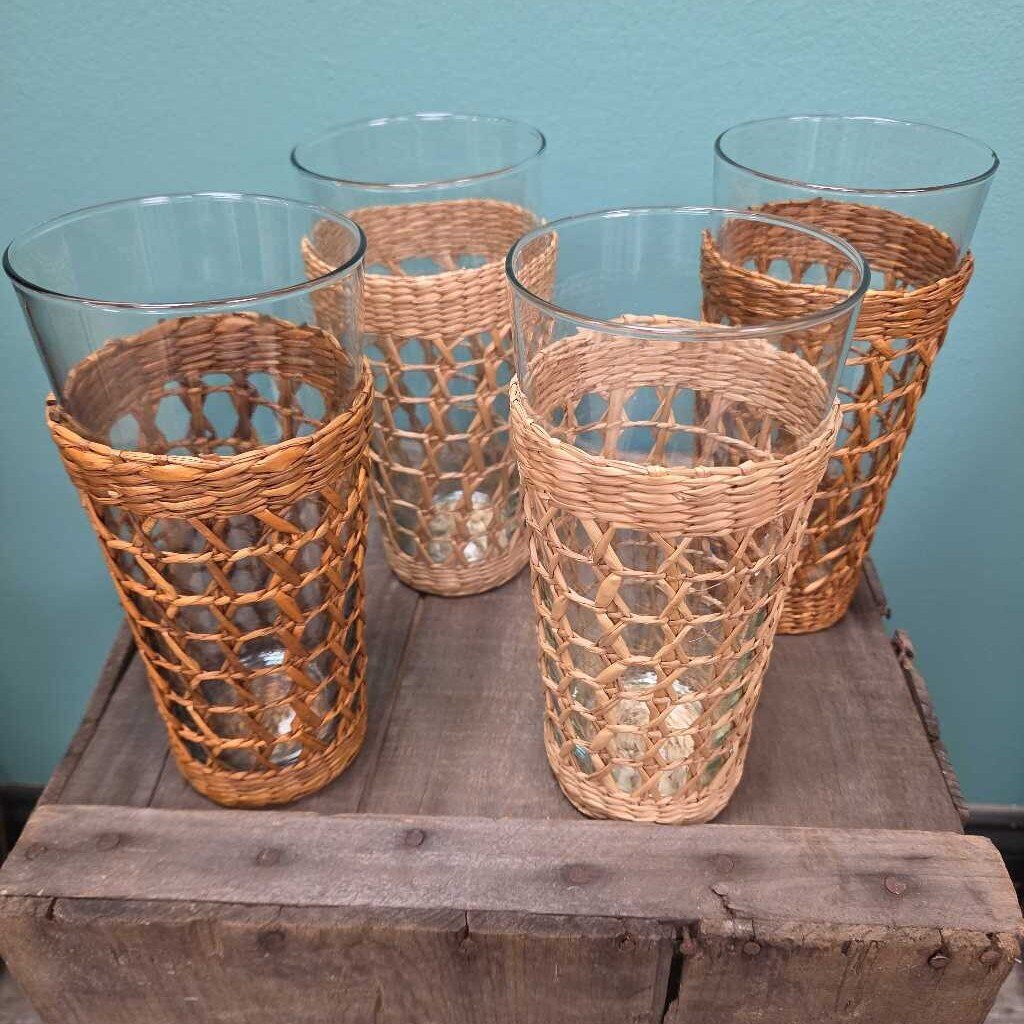 Glass Tumbler with Woven Rattan Sleeve - Set of 4