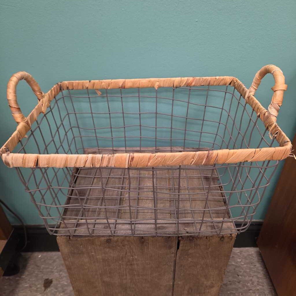 Rectangular Metal Wire Storage Basket with Woven Seagrass Handles