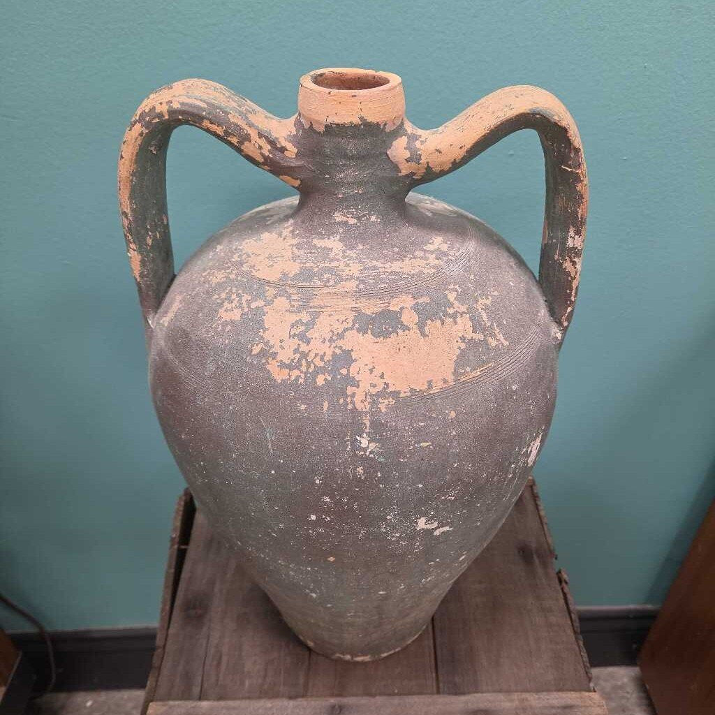 Terracotta Amphora Jar with Distressed Green Glaze