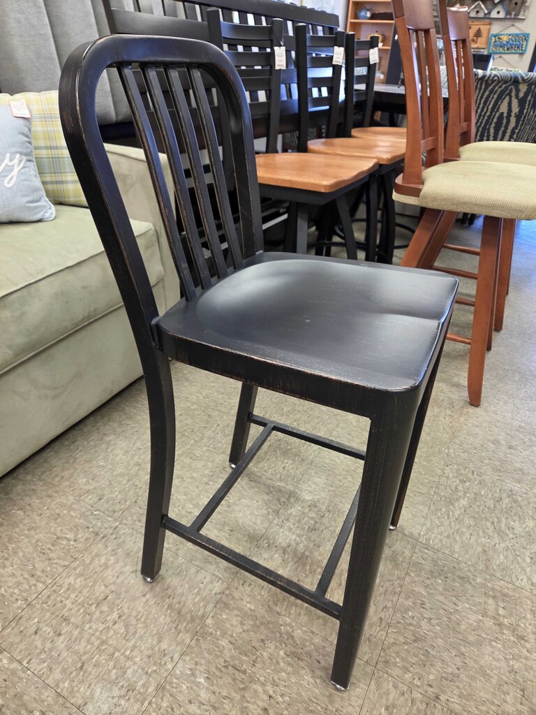 24" Metal Bar Stool with Curved Slat Back and Distressed Finish (4 Available)
