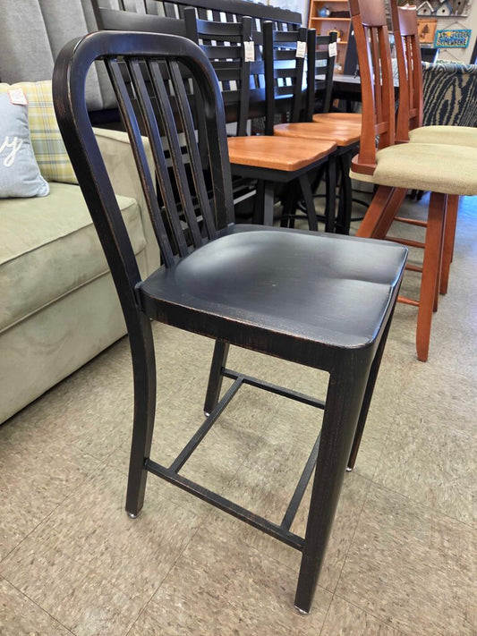24" Metal Bar Stool with Curved Slat Back and Distressed Finish (4 Available)