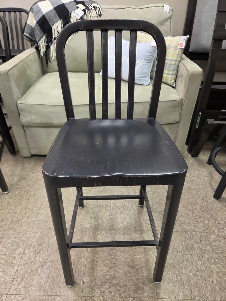 24" Metal Bar Stool with Curved Slat Back and Distressed Finish (4 Available)