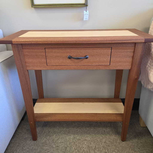 Custom Hard Maple and Ribbon Sapele Single Drawer Side Table - NEW