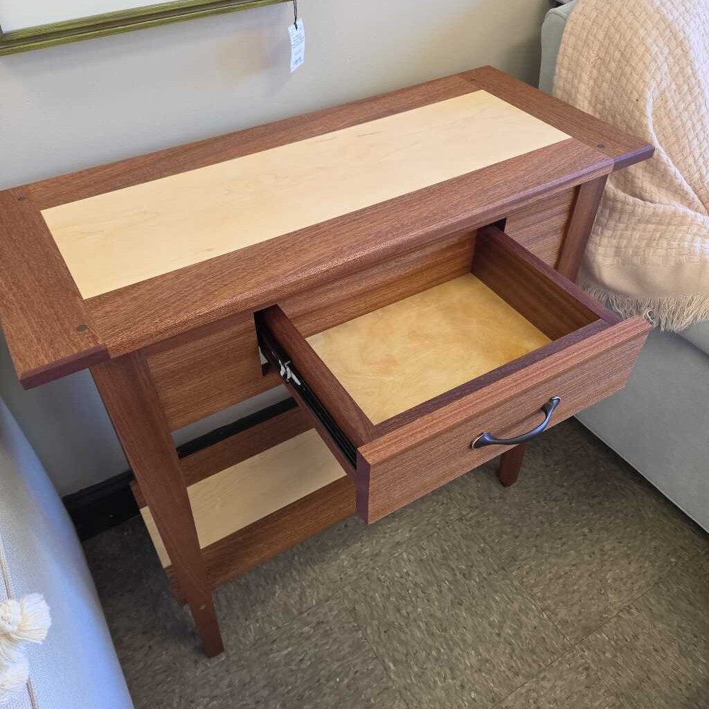 Custom Hard Maple and Ribbon Sapele Single Drawer Side Table - NEW