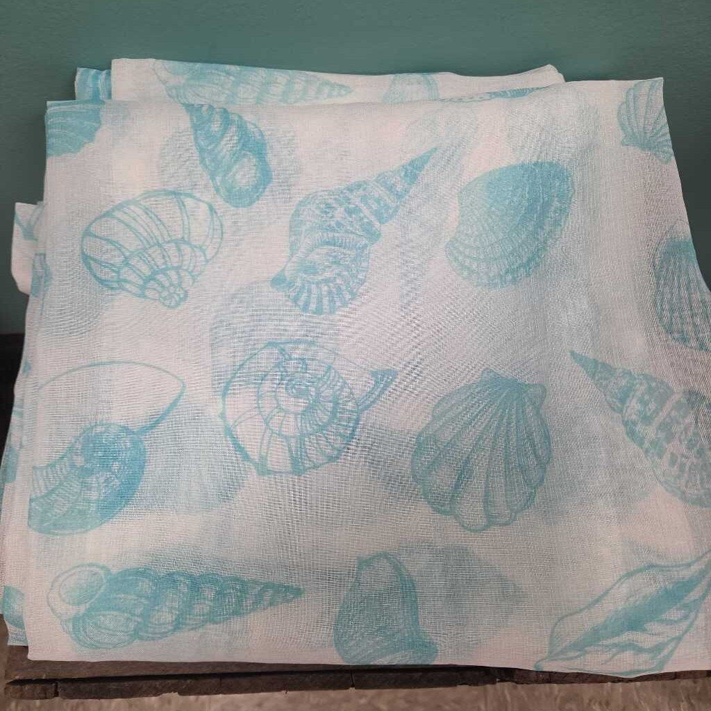 White Gauze Panel Curtains with Blue Seashell Motif