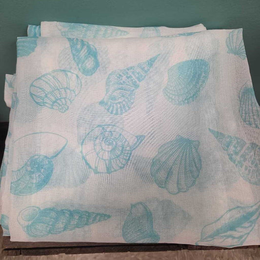 White Gauze Panel Curtains with Blue Seashell Motif