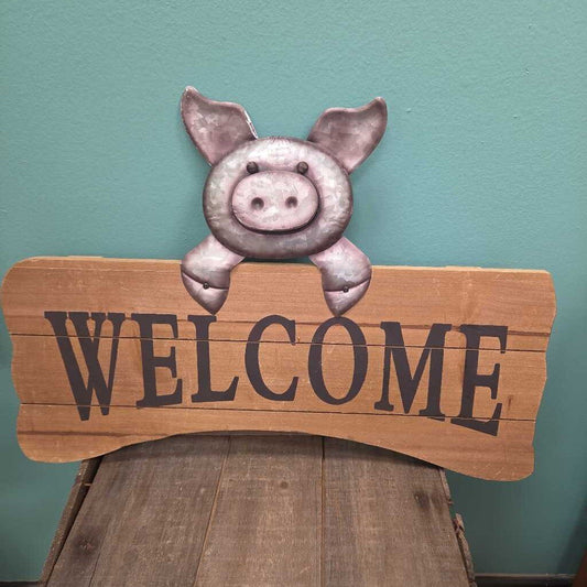 Wooden "Welcome" Sign with Tin Pig Figure