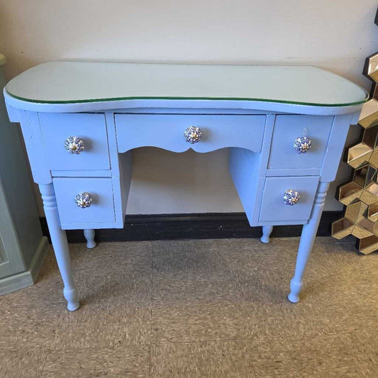 Refinished Solid Wood Kidney Shaped Desk with Ceramic Knobs and Glass Top