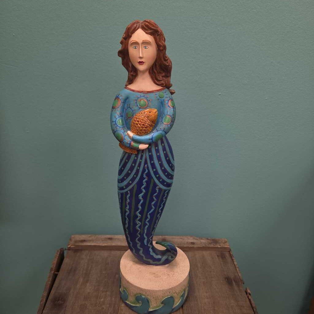 Wooden Mermaid Figurine on Base