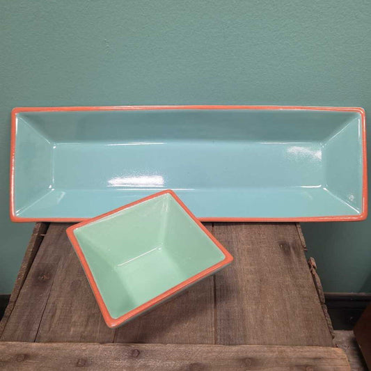 Crate & Barrel Agave Aqua Serving Tray & Dip Cup
