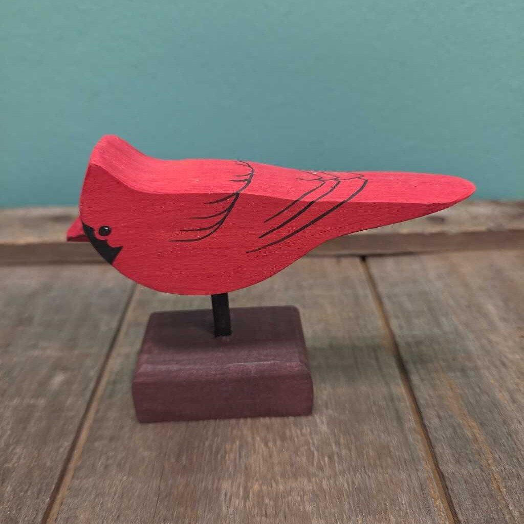 Hand Carved Wooden Northern Cardinal on Base