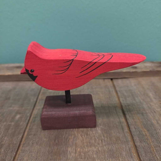 Hand Carved Wooden Northern Cardinal on Base